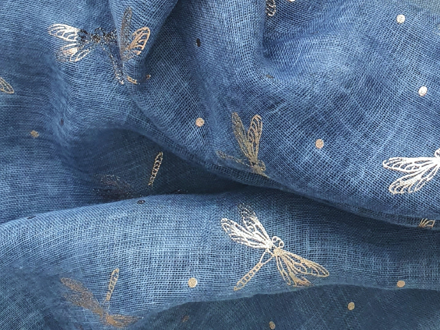 Ladies Lightweight Scarf with Rose Gold Dragonfly Design - Dark Blue