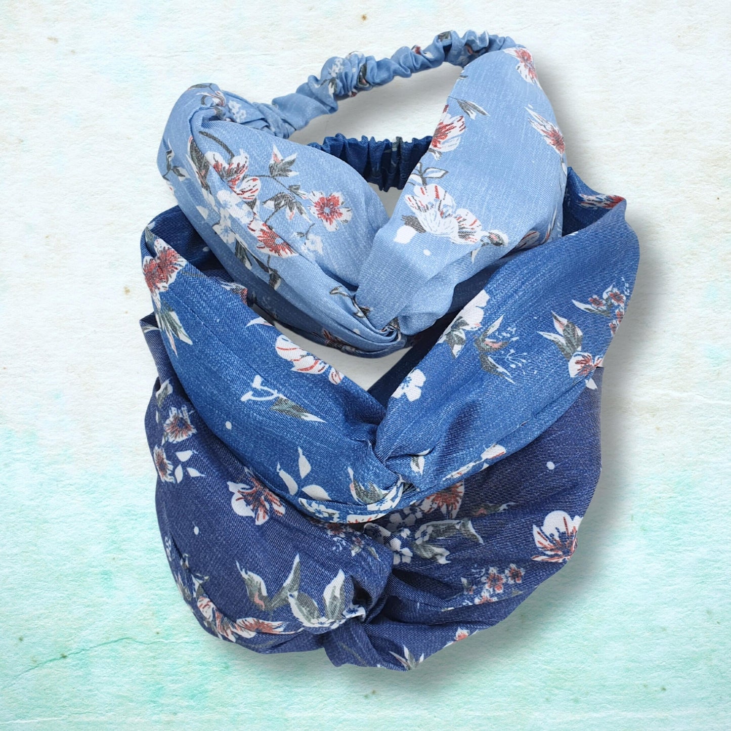 Denim Floral Twist Knot Headband ~ Blue