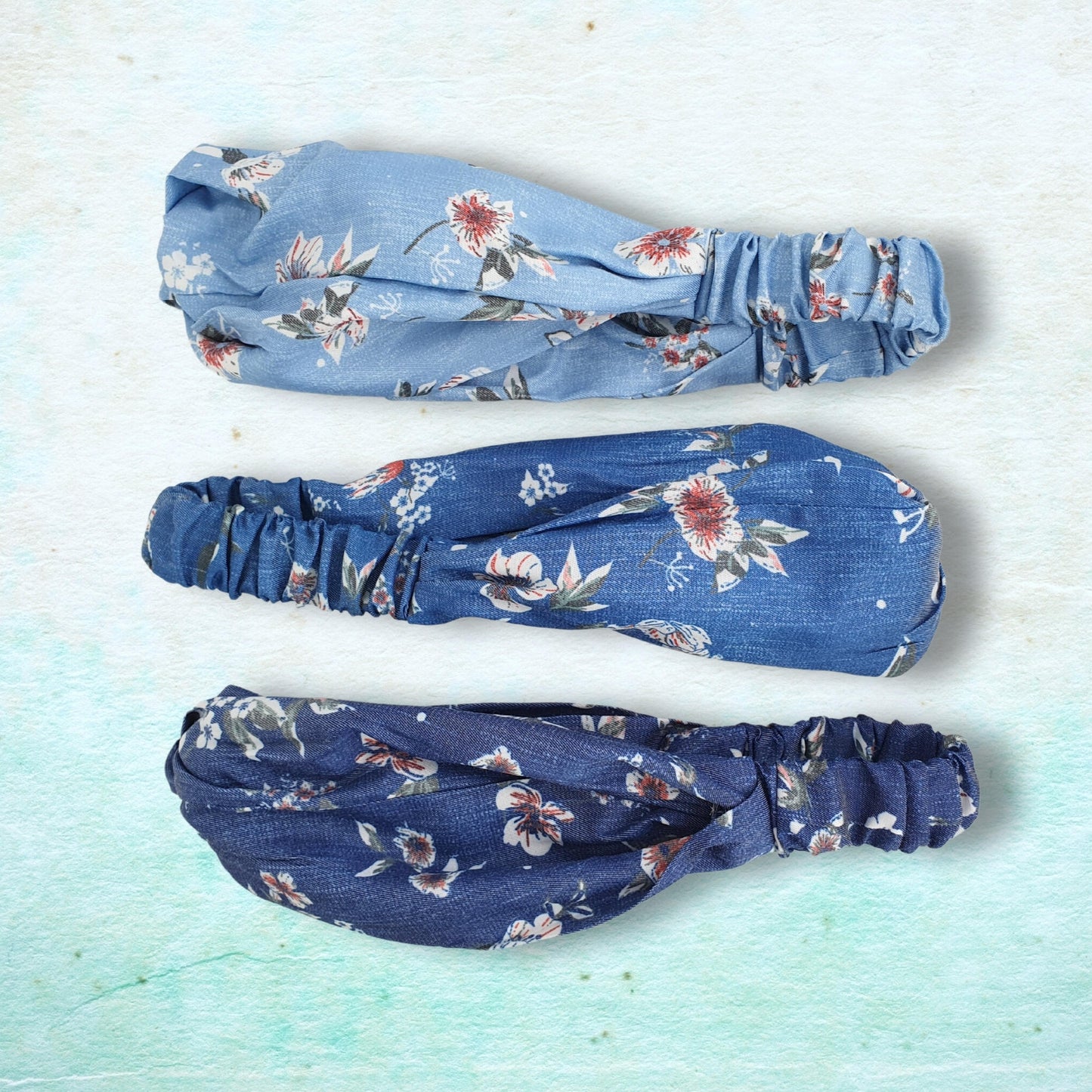 Denim Floral Twist Knot Headband ~ Blue