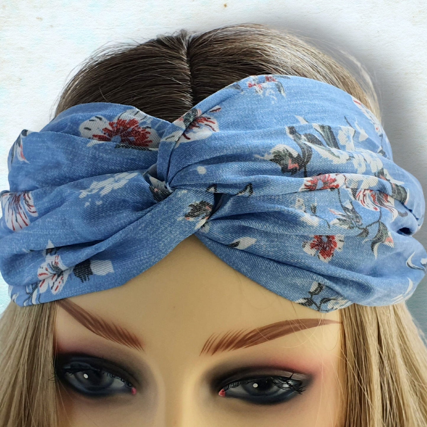 Denim Floral Twist Knot Headband ~ Blue