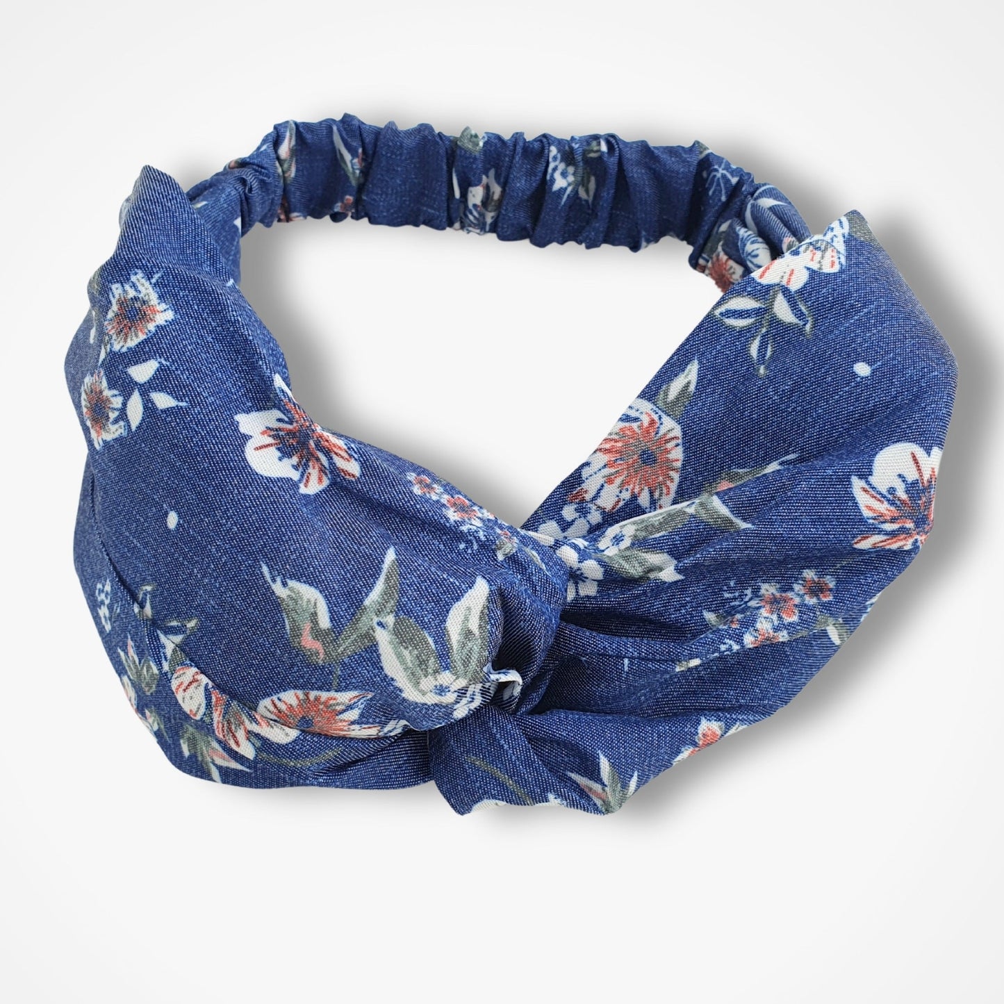 Denim Floral Twist Knot Headband ~ Blue