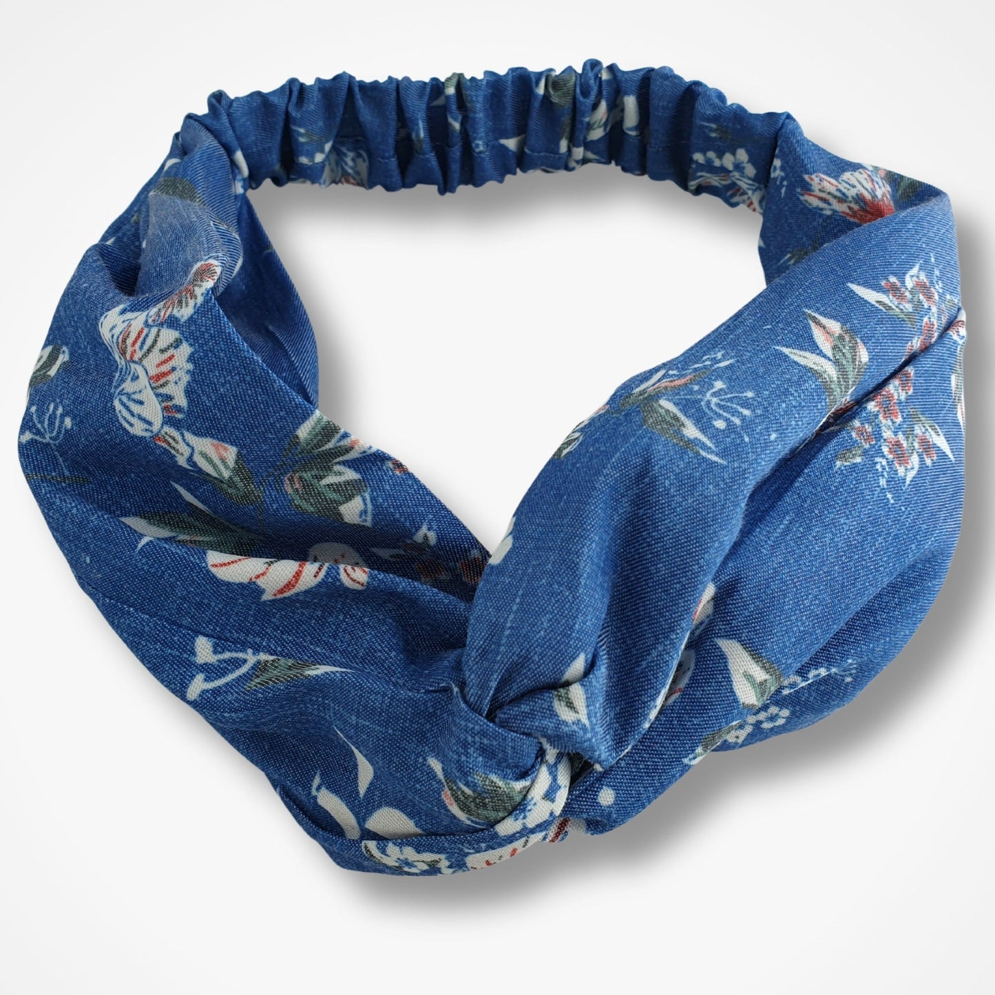 Denim Floral Twist Knot Headband ~ Blue