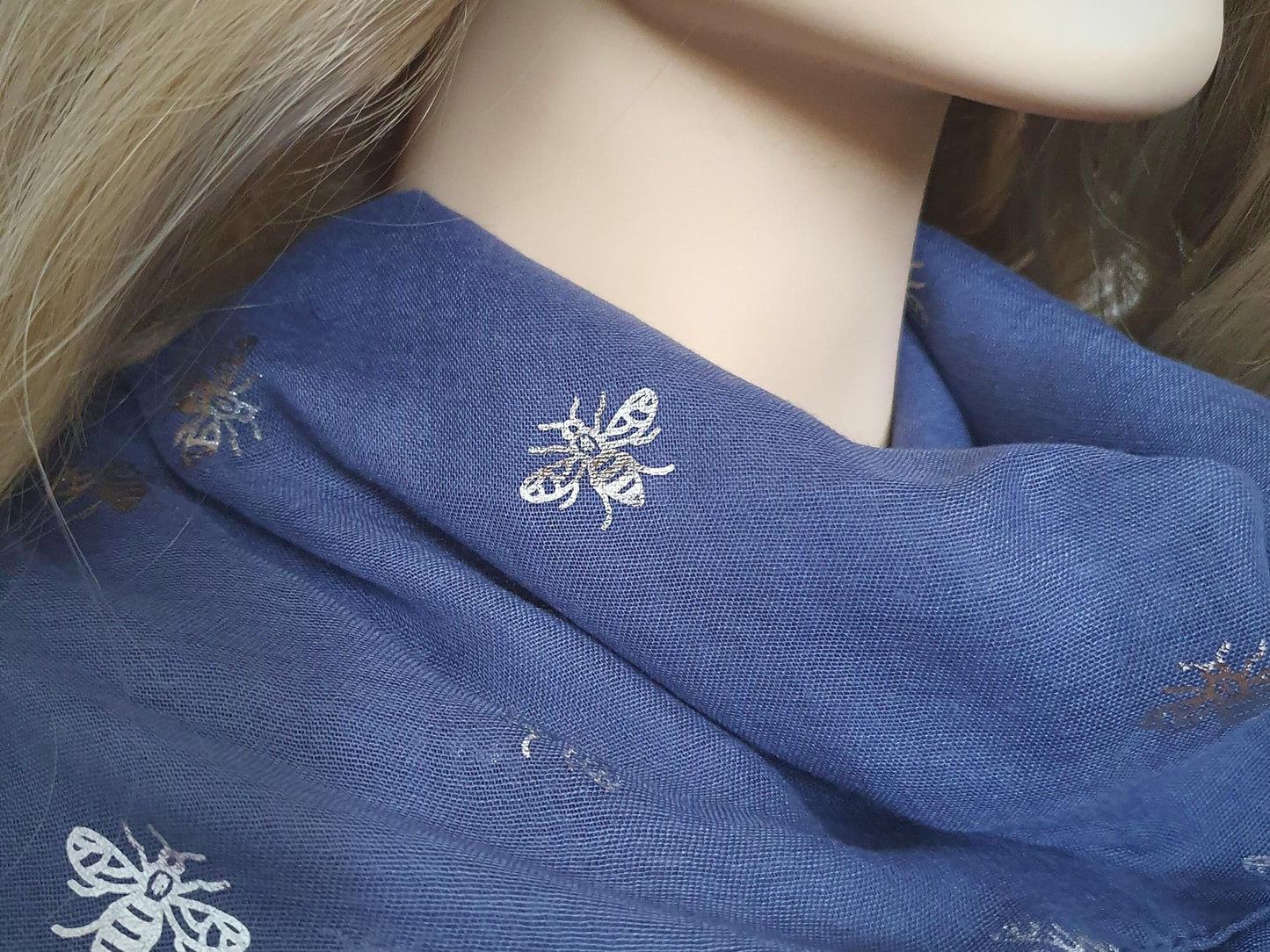 Foil Bee Scarf - Denim & Silver