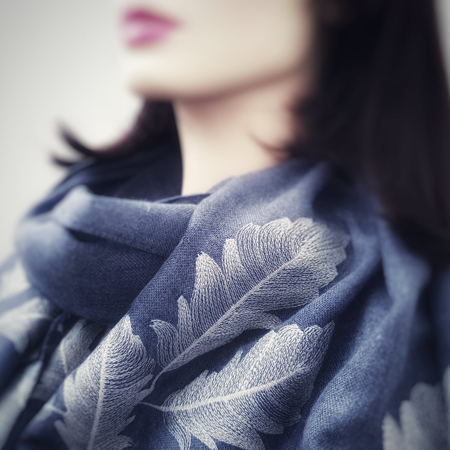 Embroidered Feathers Scarf - Denim with golden thread