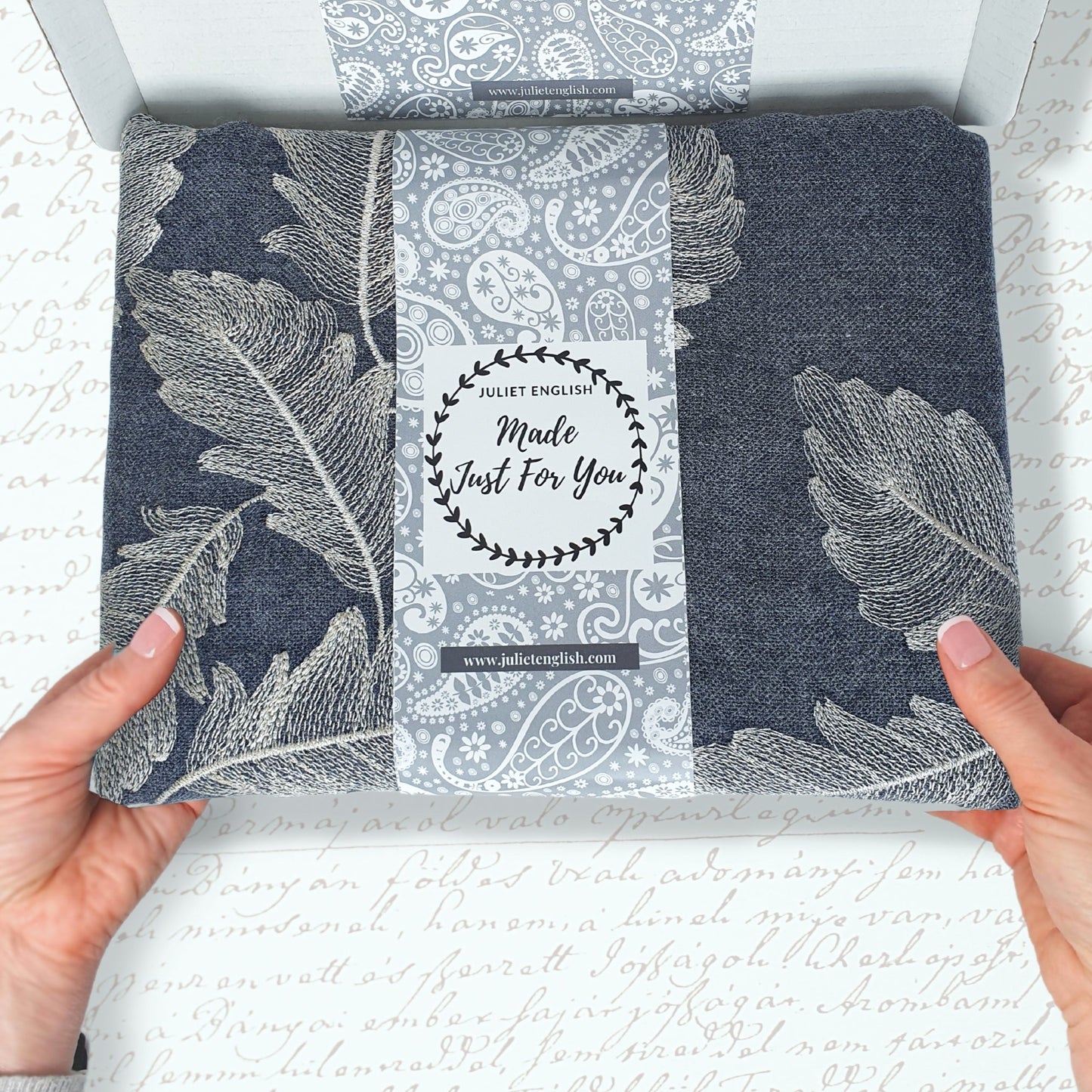 Embroidered Feathers Scarf - Denim with golden thread