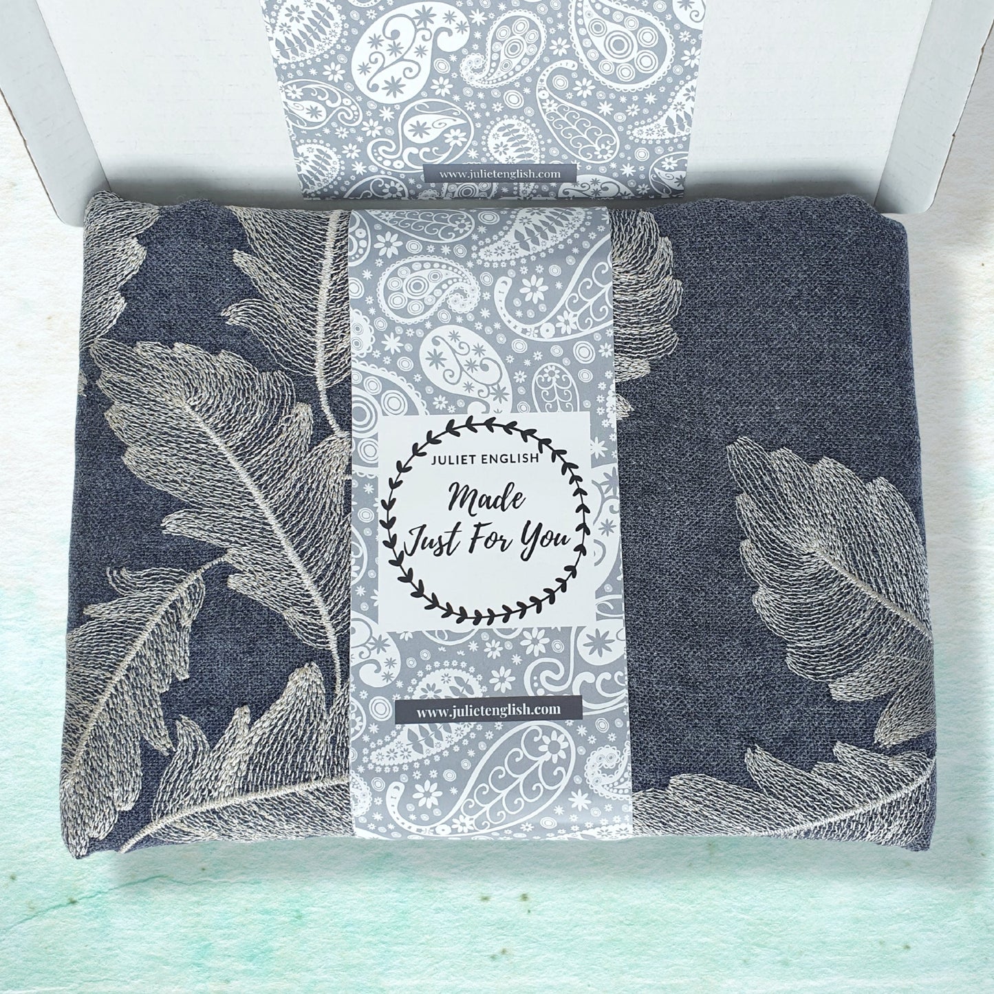 Embroidered Feathers Scarf - Denim with golden thread
