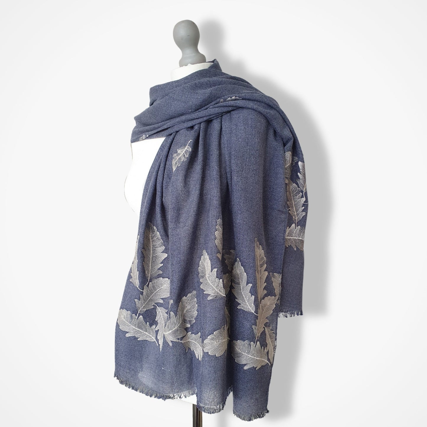 Embroidered Feathers Scarf - Denim with golden thread