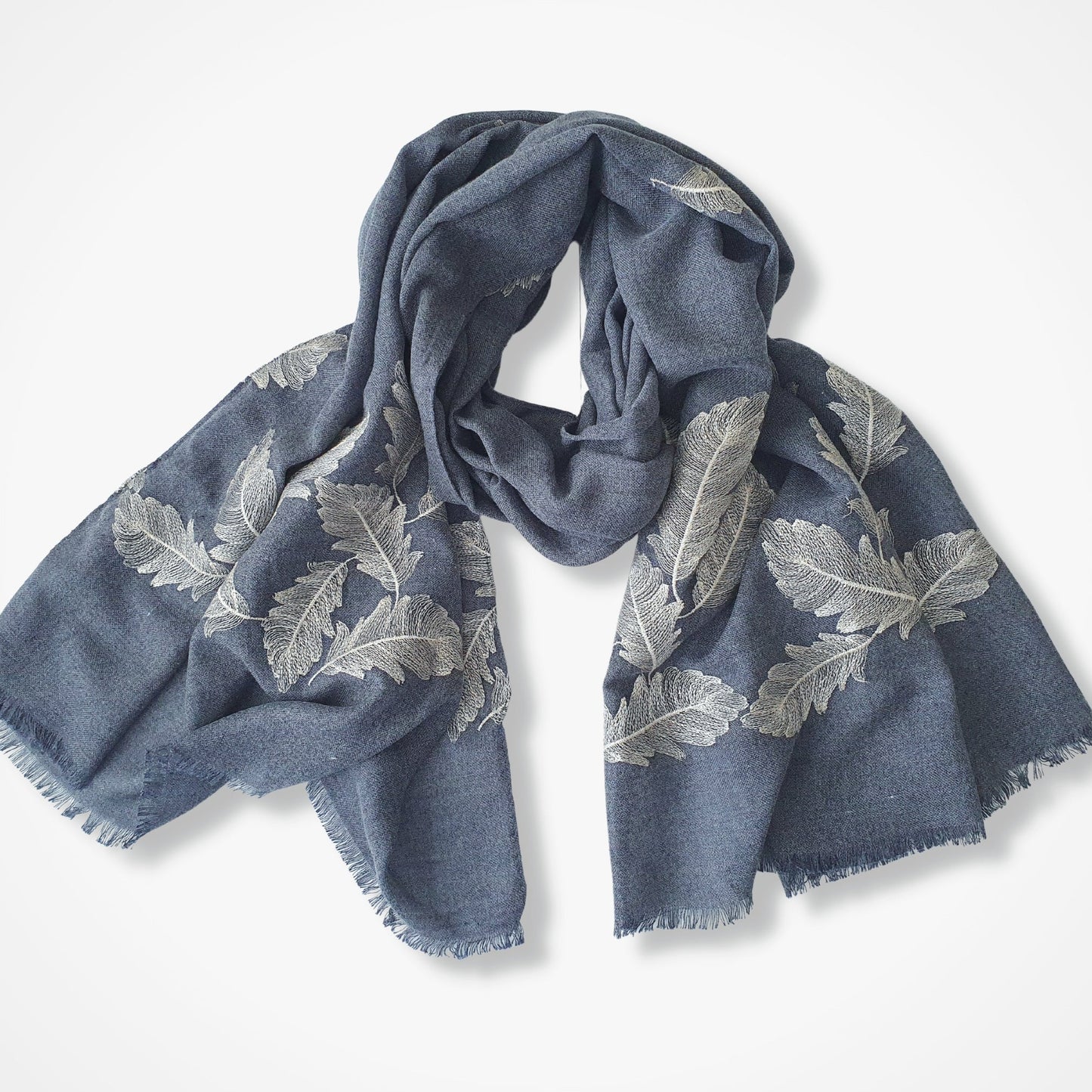 Embroidered Feathers Scarf - Denim with golden thread