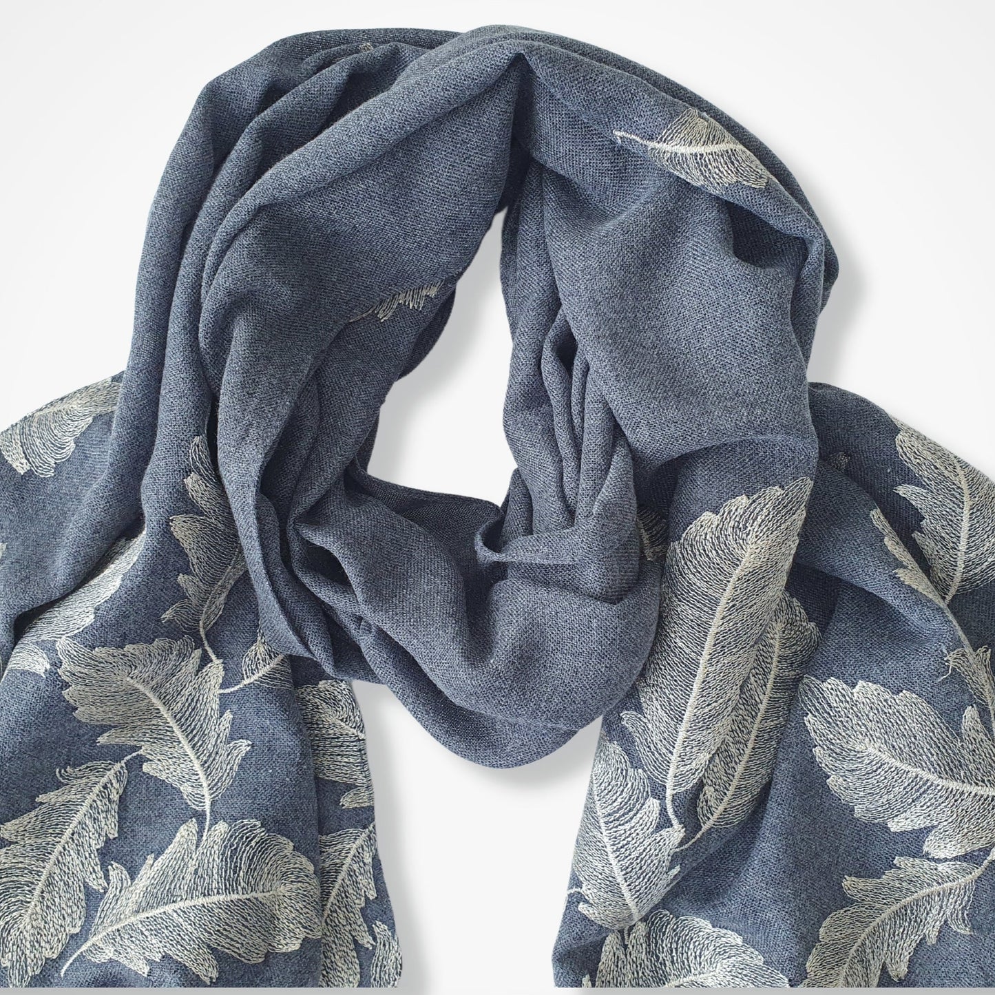 Embroidered Feathers Scarf - Denim with golden thread