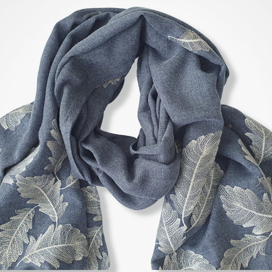 Embroidered Feathers Scarf - Denim with golden thread