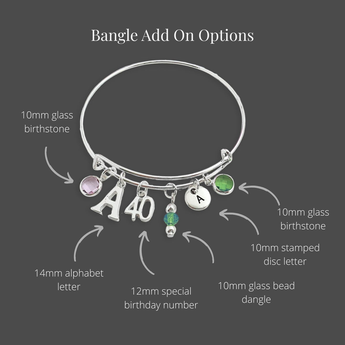 Bracelet with various charms and options for customization on a dark gray background