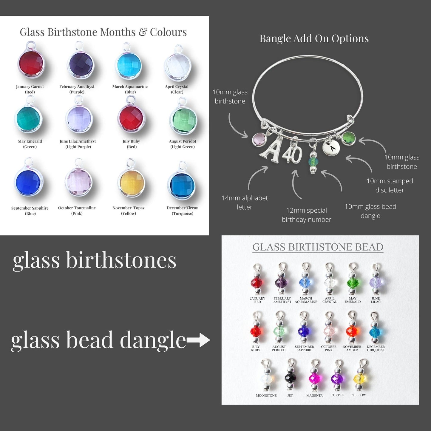 Jewelry options with glass birthstones and bead dangles on a gray background