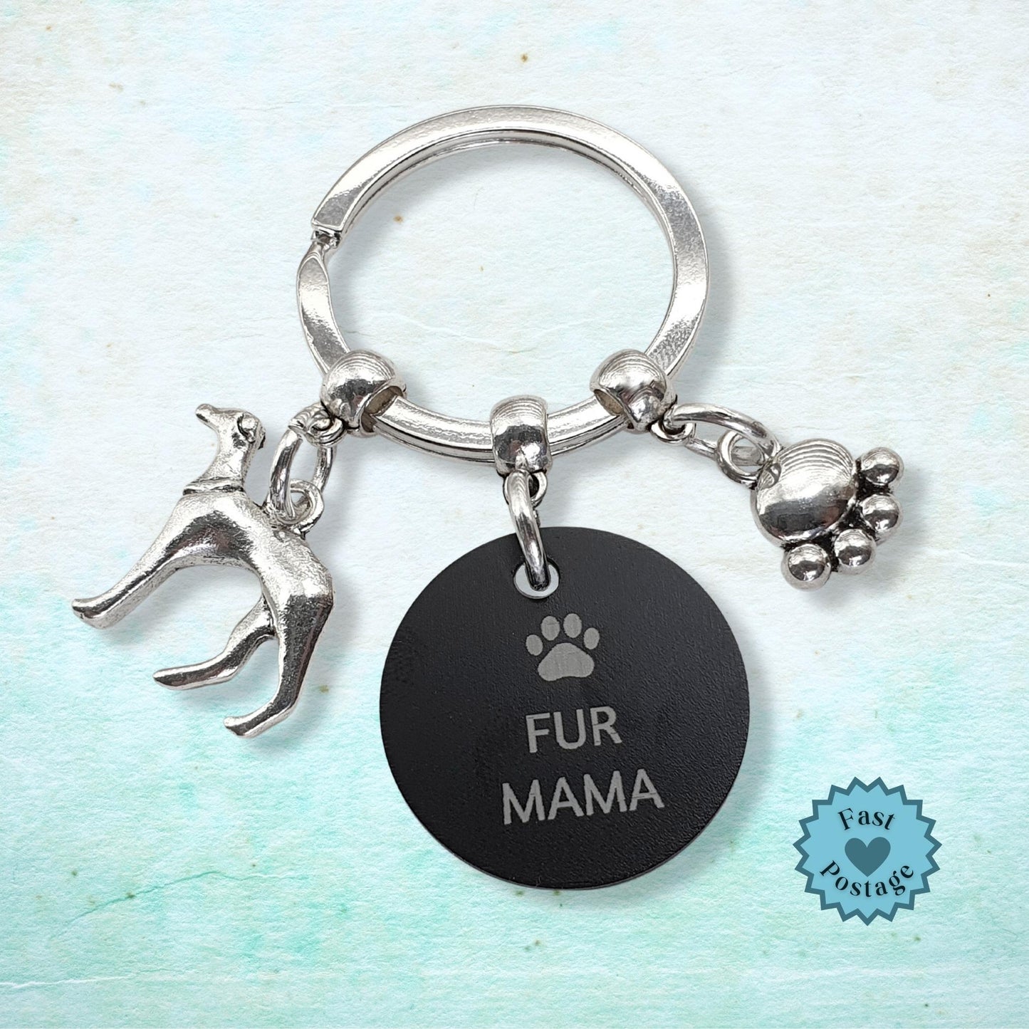 Engraved 'Fur Mama' Greyhound Keyring - Silver