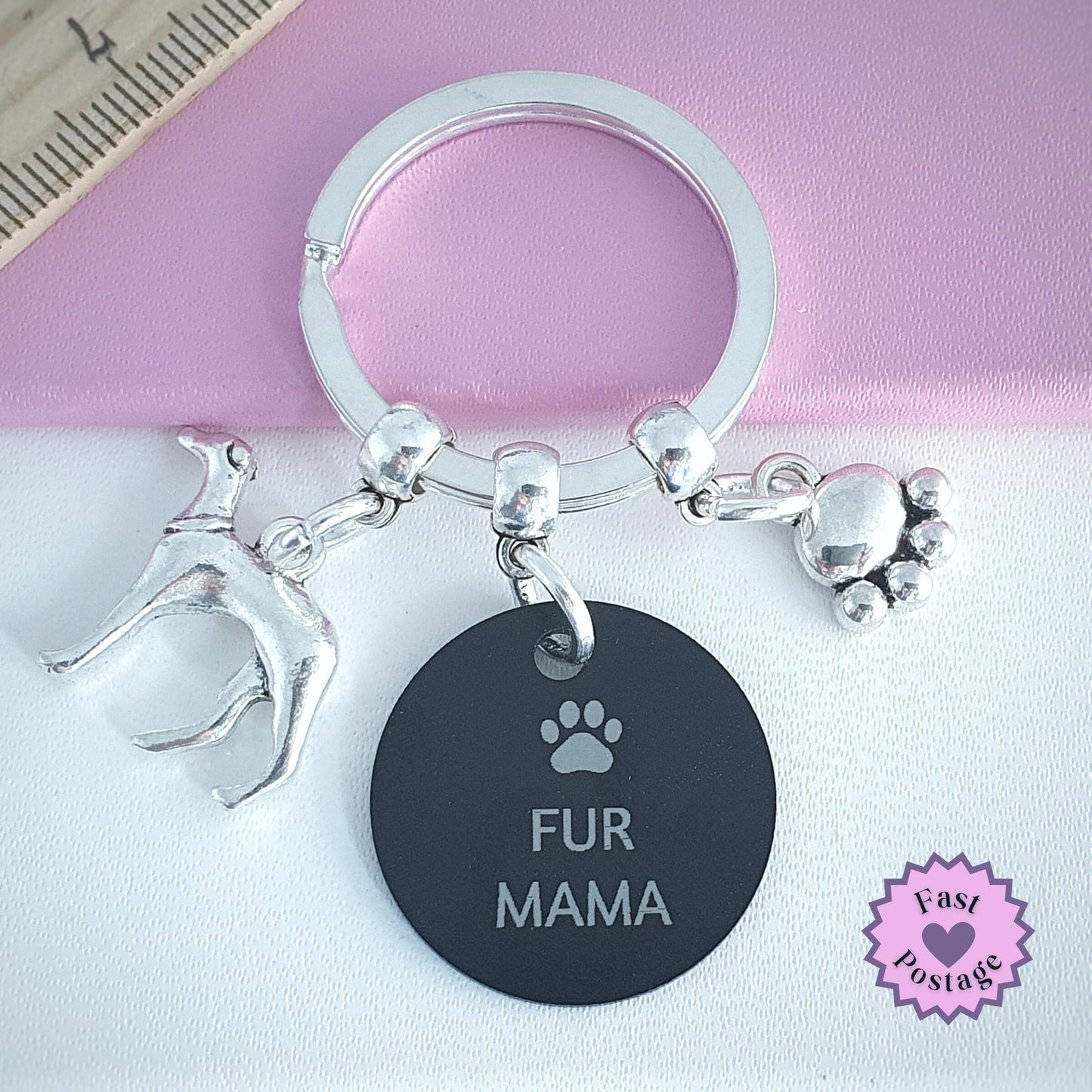 Engraved 'Fur Mama' Greyhound Keyring - Silver