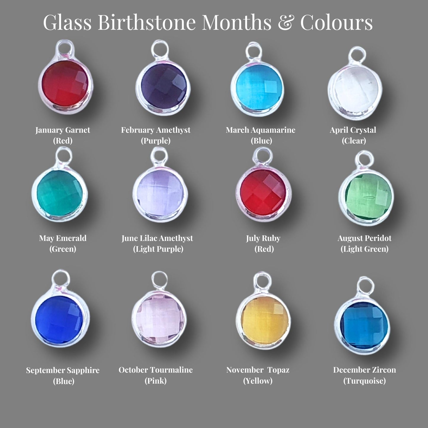 Glass birthstones with corresponding months and colours on a gray background