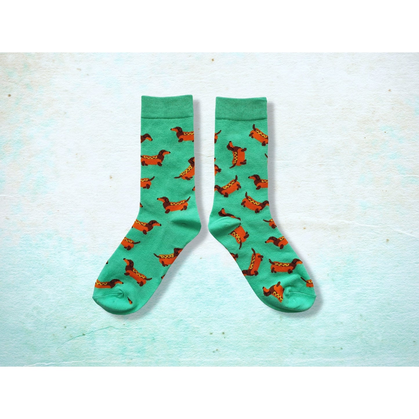 Cute Dachshund Hot Dog Socks - Apple Green Novelty Footwear for Dog Lovers