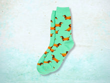 Load image into Gallery viewer, Cute Dachshund Hot Dog Socks - Apple Green Novelty Footwear for Dog Lovers

