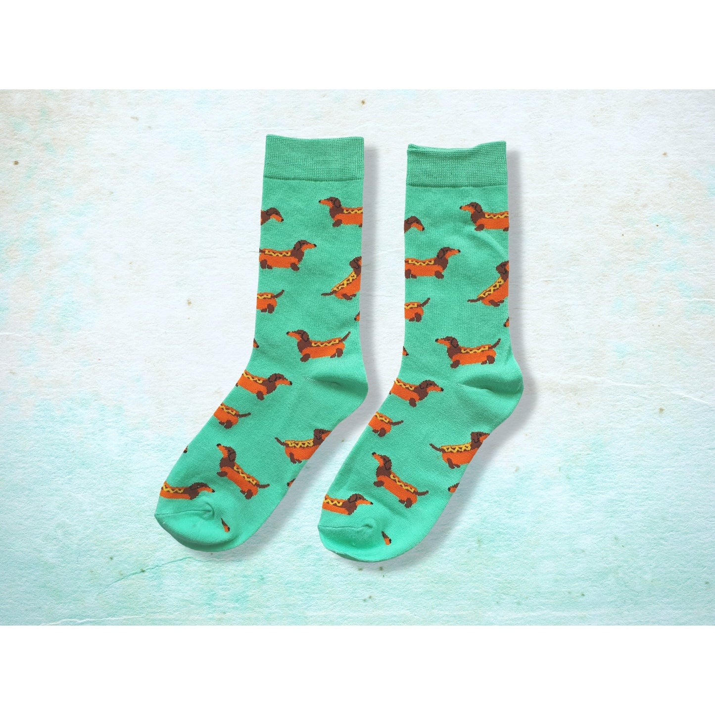 Cute Dachshund Hot Dog Socks - Apple Green Novelty Footwear for Dog Lovers