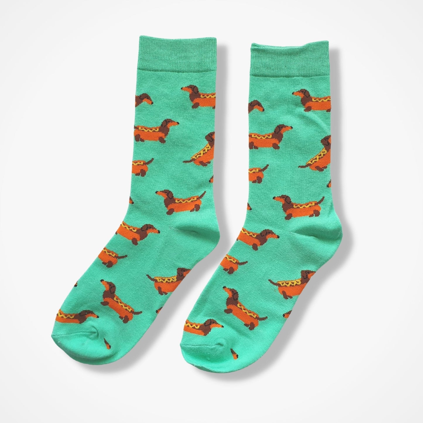 Cute Dachshund Hot Dog Socks - Apple Green Novelty Footwear for Dog Lovers