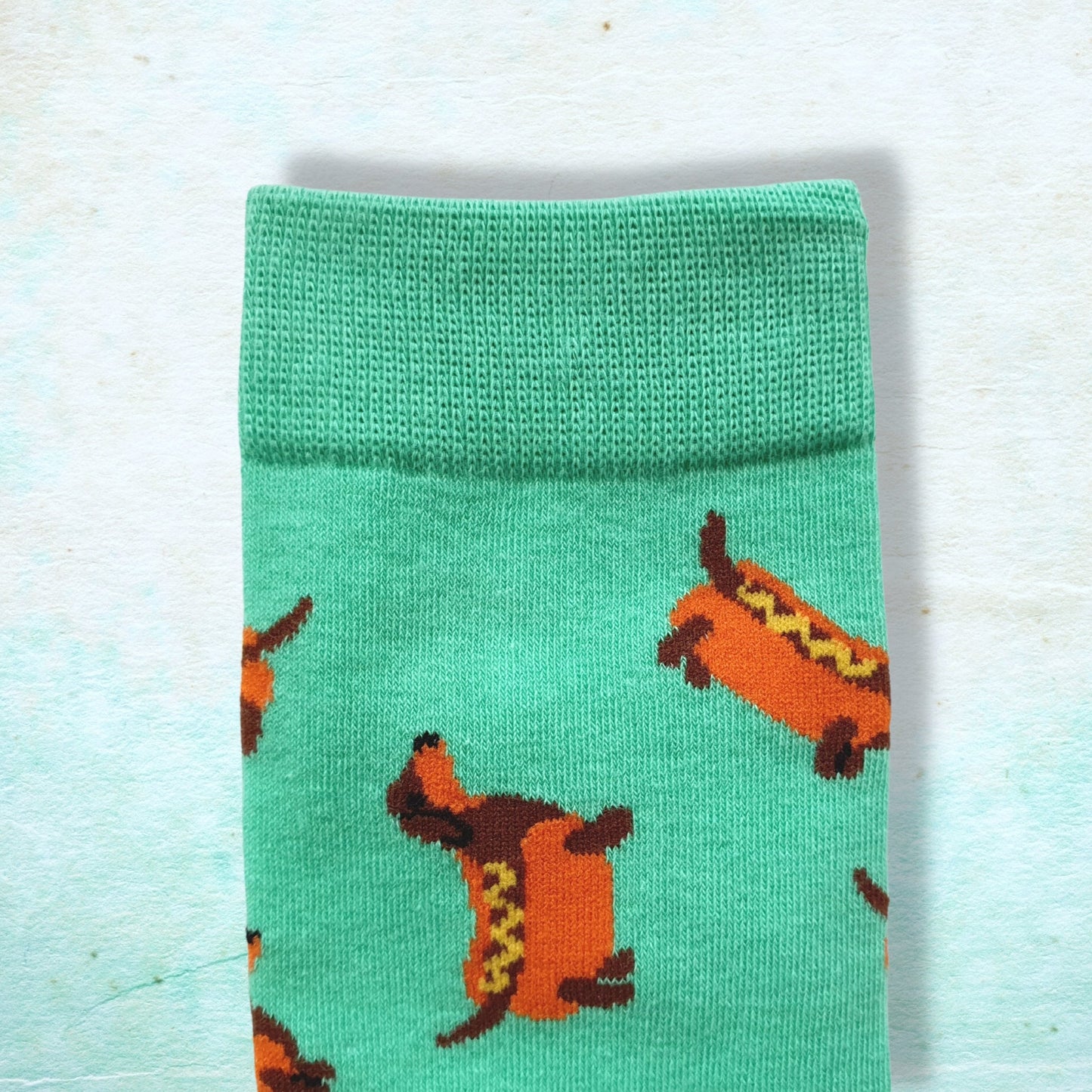 Cute Dachshund Hot Dog Socks - Apple Green Novelty Footwear for Dog Lovers