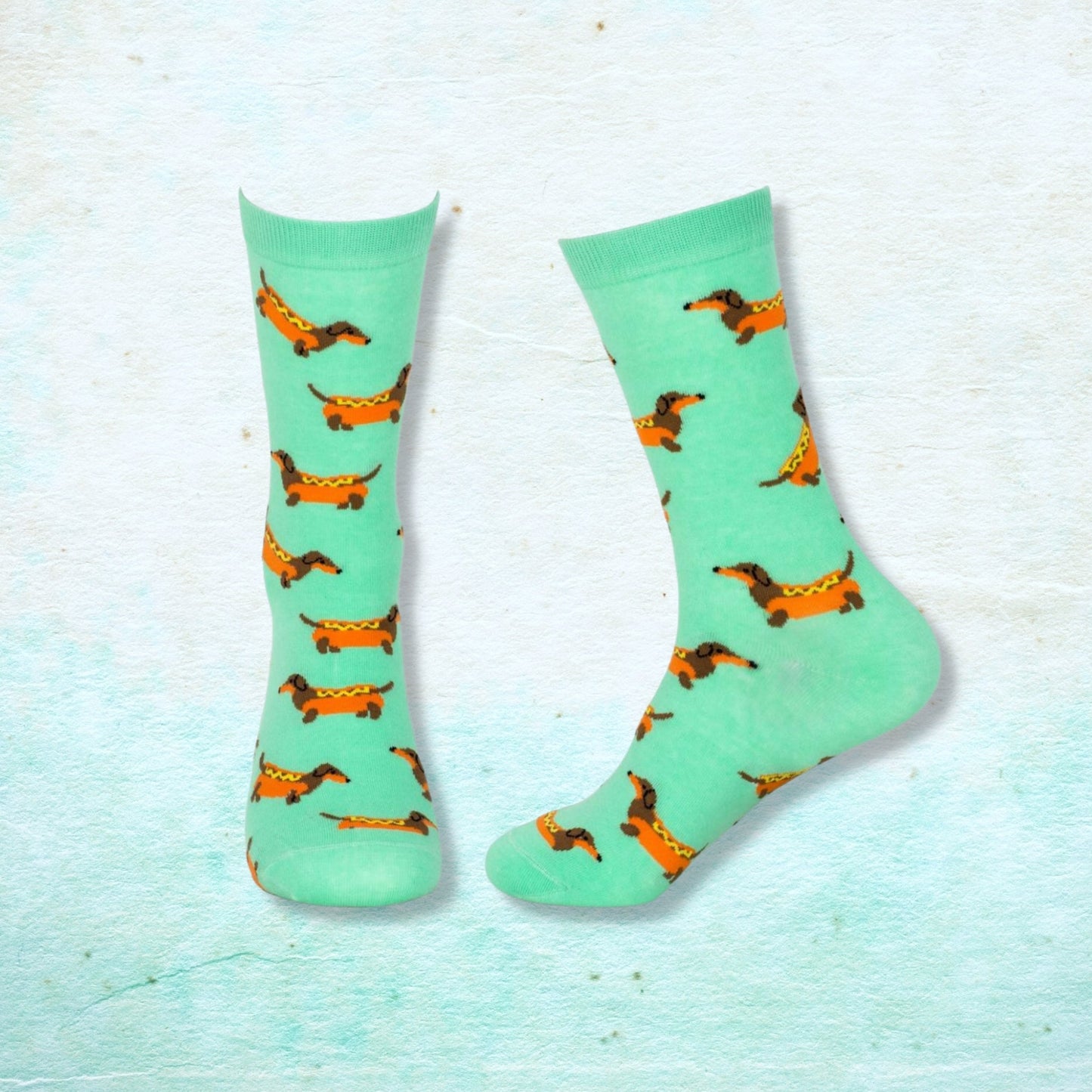 Cute Dachshund Hot Dog Socks - Apple Green Novelty Footwear for Dog Lovers