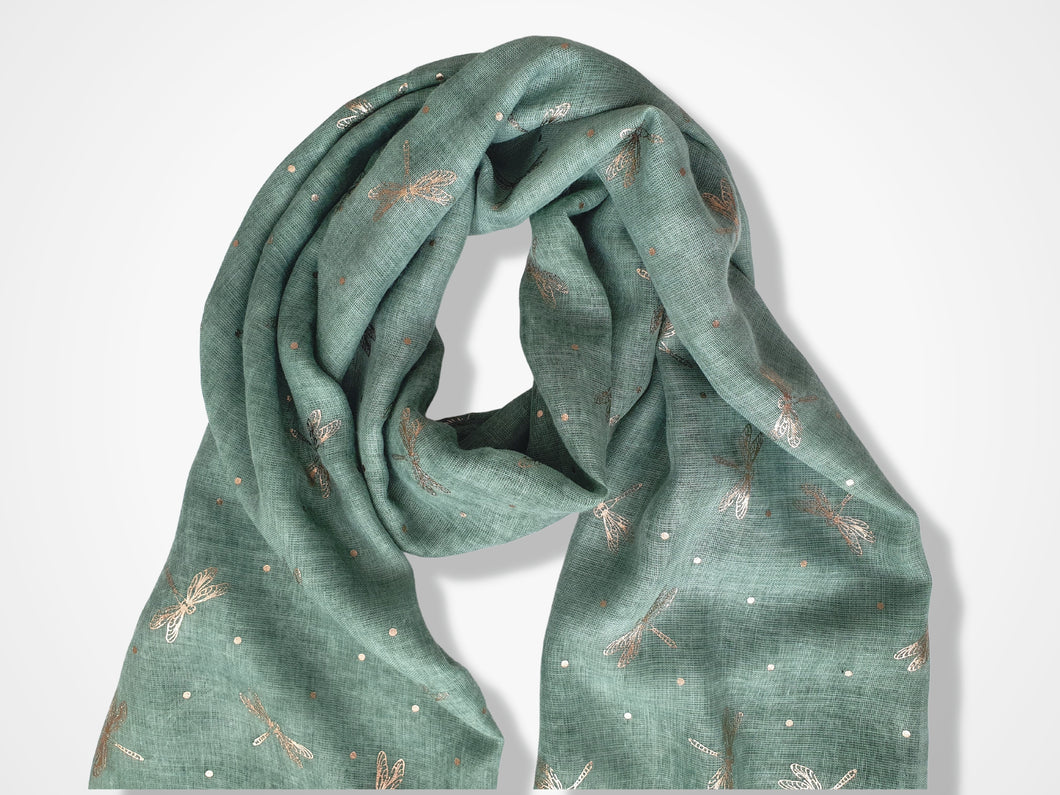 Ladies Lightweight Scarf with Rose Gold Dragonfly Design - Green