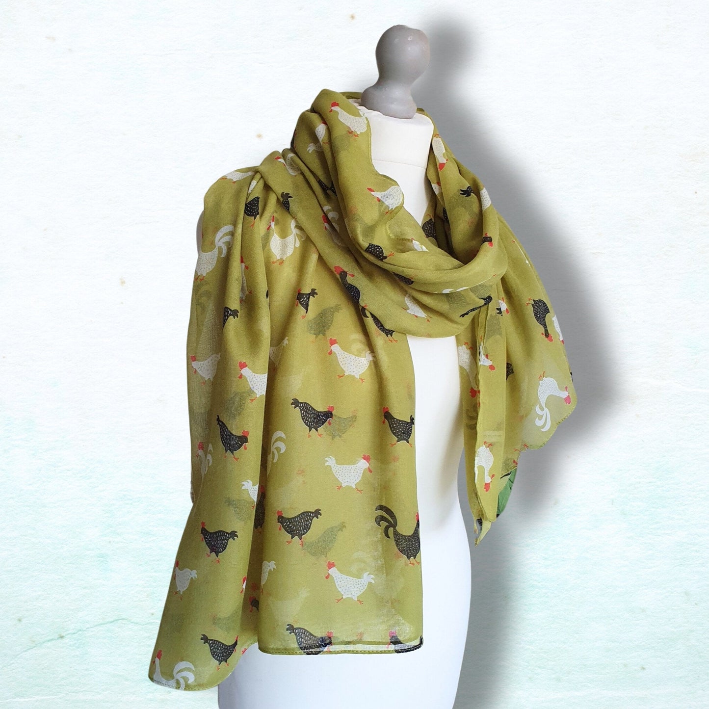 Rooster Print Scarf ~ Green