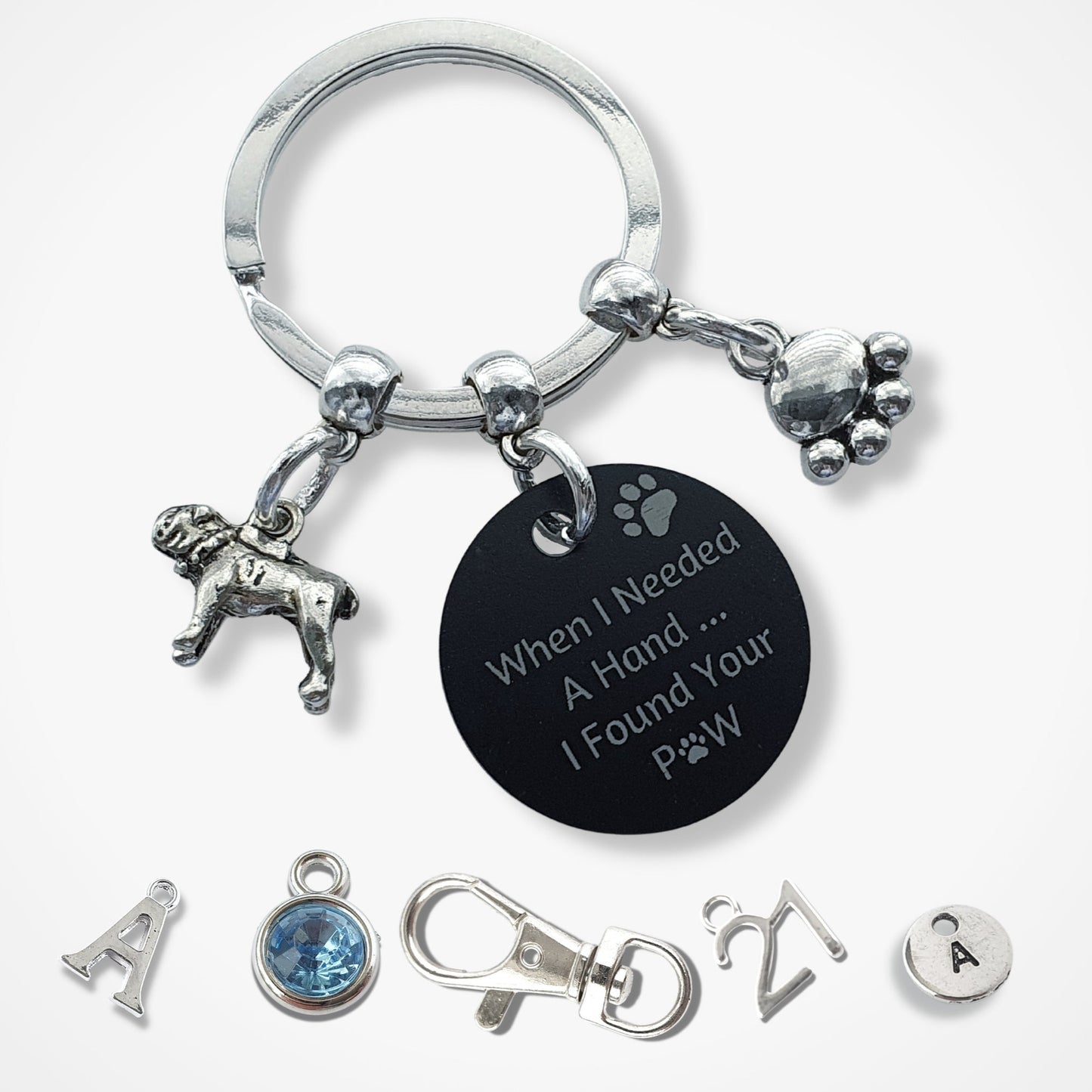 Engraved 'When I needed a Hand... I Found Your Paw' Bulldog Keyring - Silver