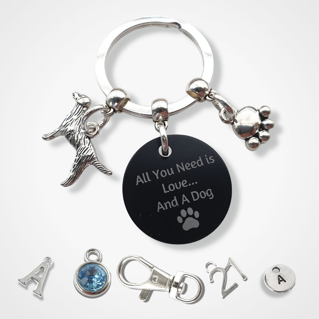 'All you need is Love... and a Dog' Retriever Keyring - Silver