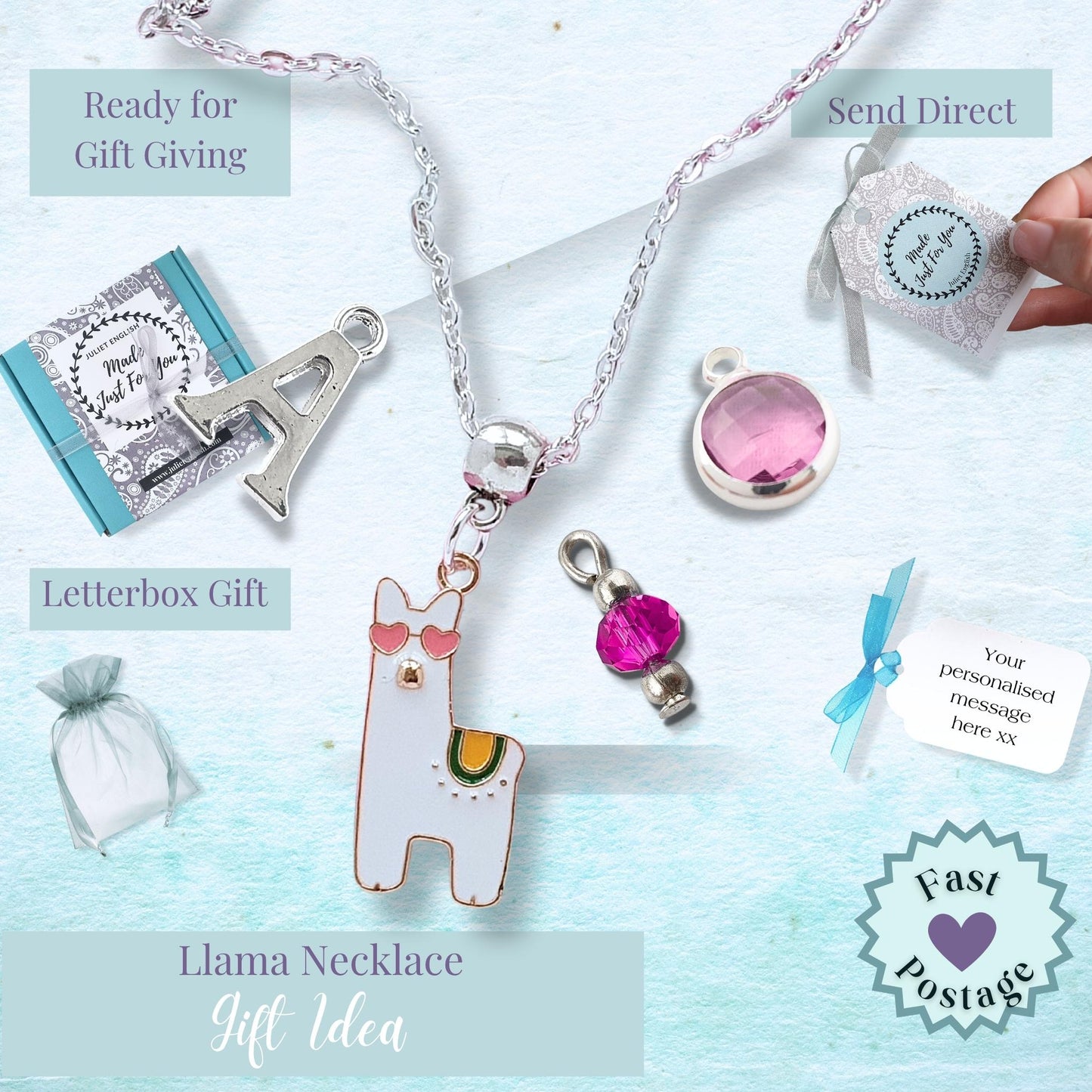 Llama necklace with charms on a light blue background with text about gift ideas.