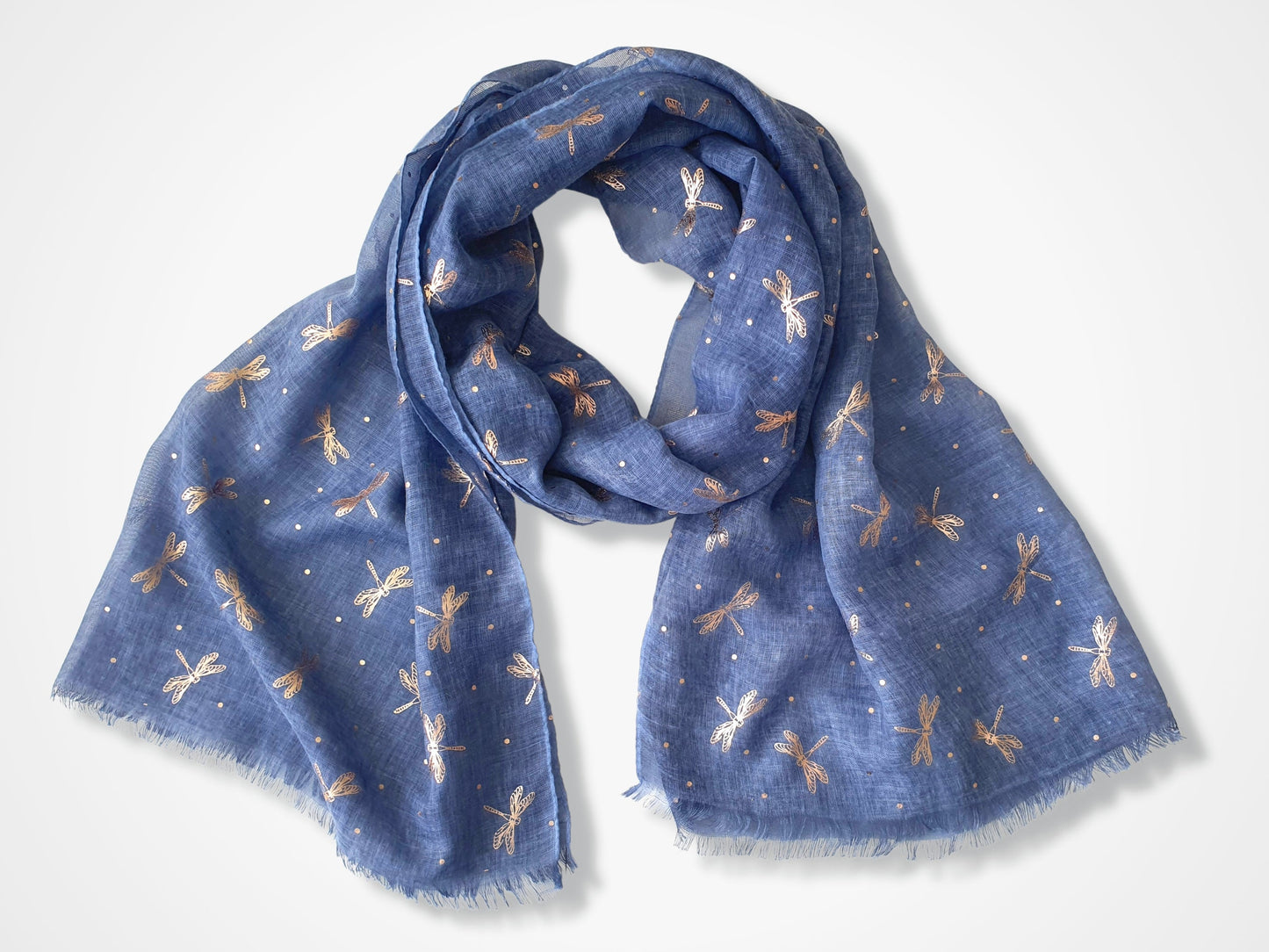 Ladies Lightweight Scarf with Rose Gold Dragonfly Design - Dark Blue