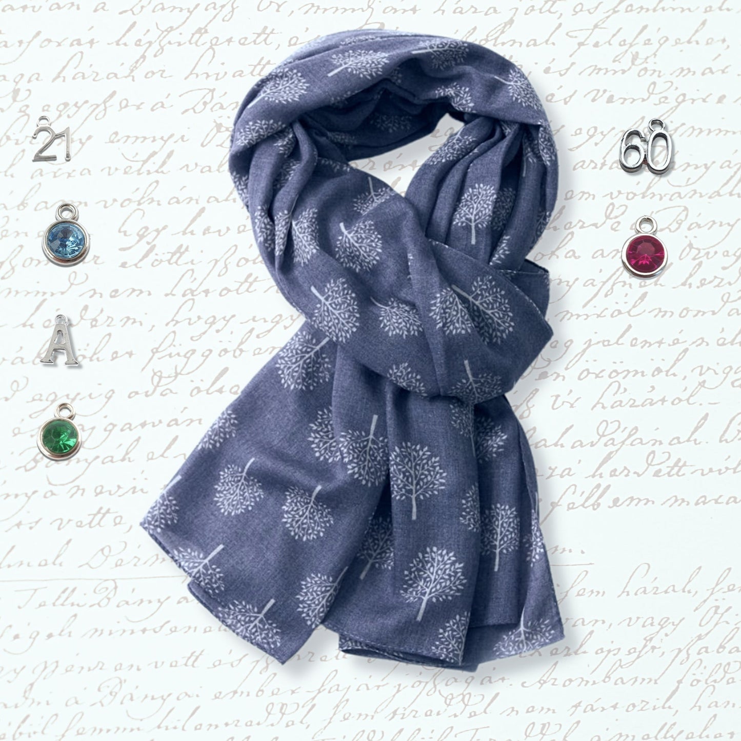 Lightweight Tree Print Scarf - Denim Blue