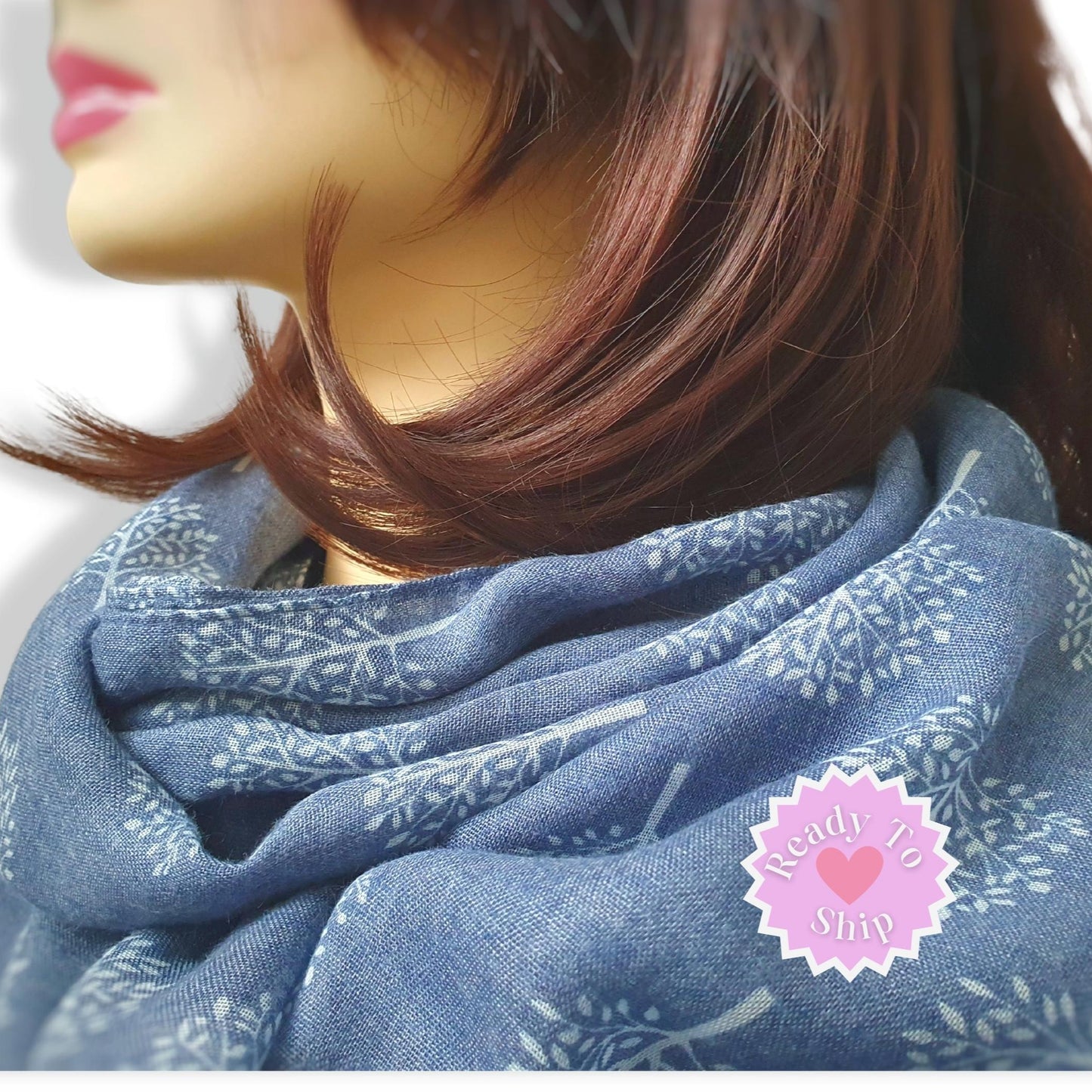 Lightweight Tree Print Scarf - Denim Blue