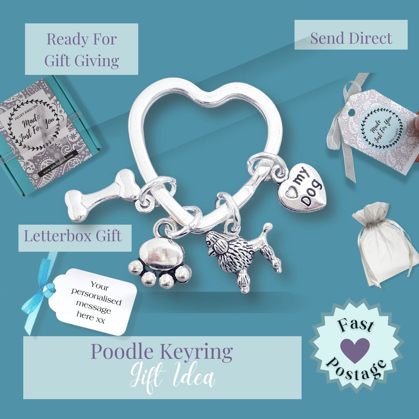 Poodle Charm Keyring - Silver