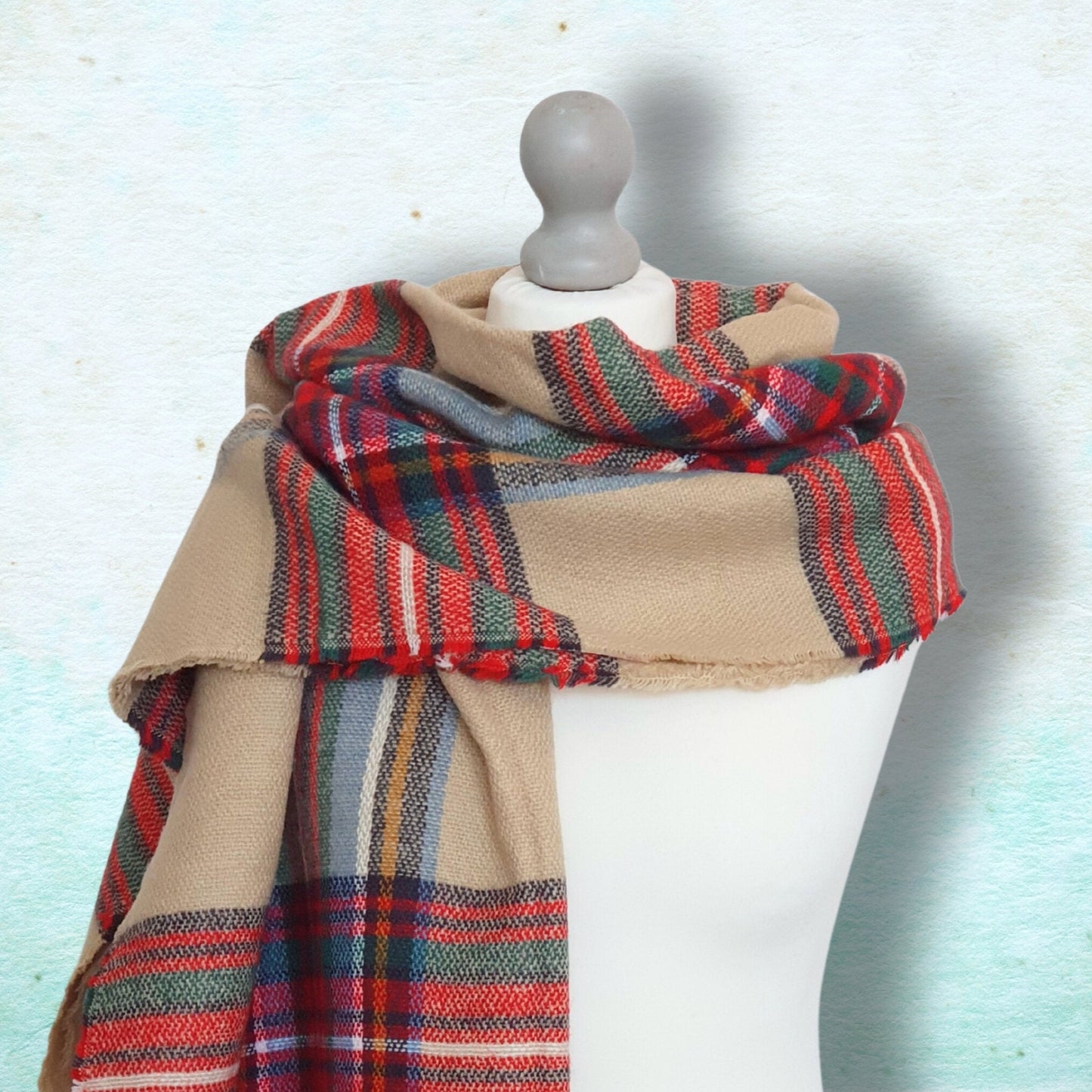 Plaid Blanket Scarf - Red, Beige, Green & Blue