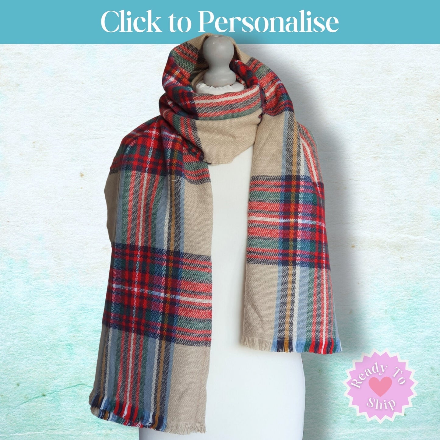 Plaid Blanket Scarf - Red, Beige, Green & Blue