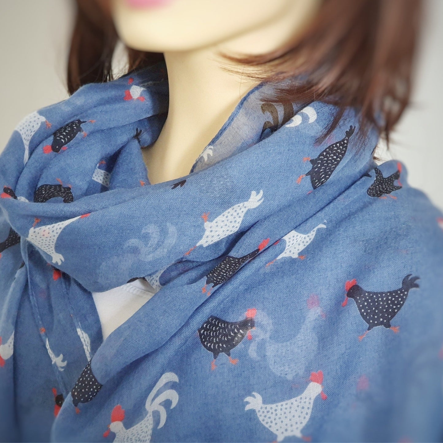Rooster Print Scarf ~ Blue