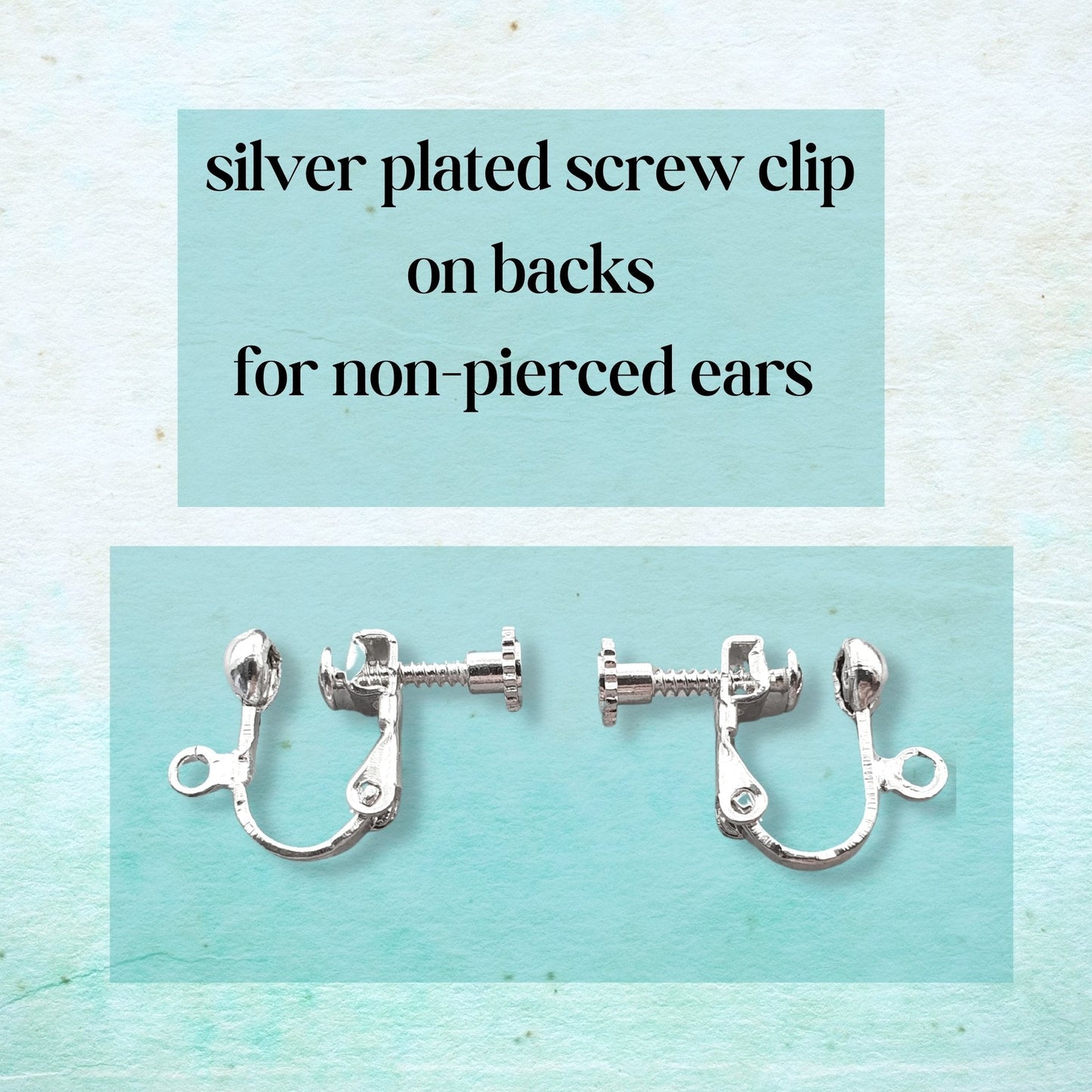Silver-plated screw clip on backs for non-pierced ears on a light blue background