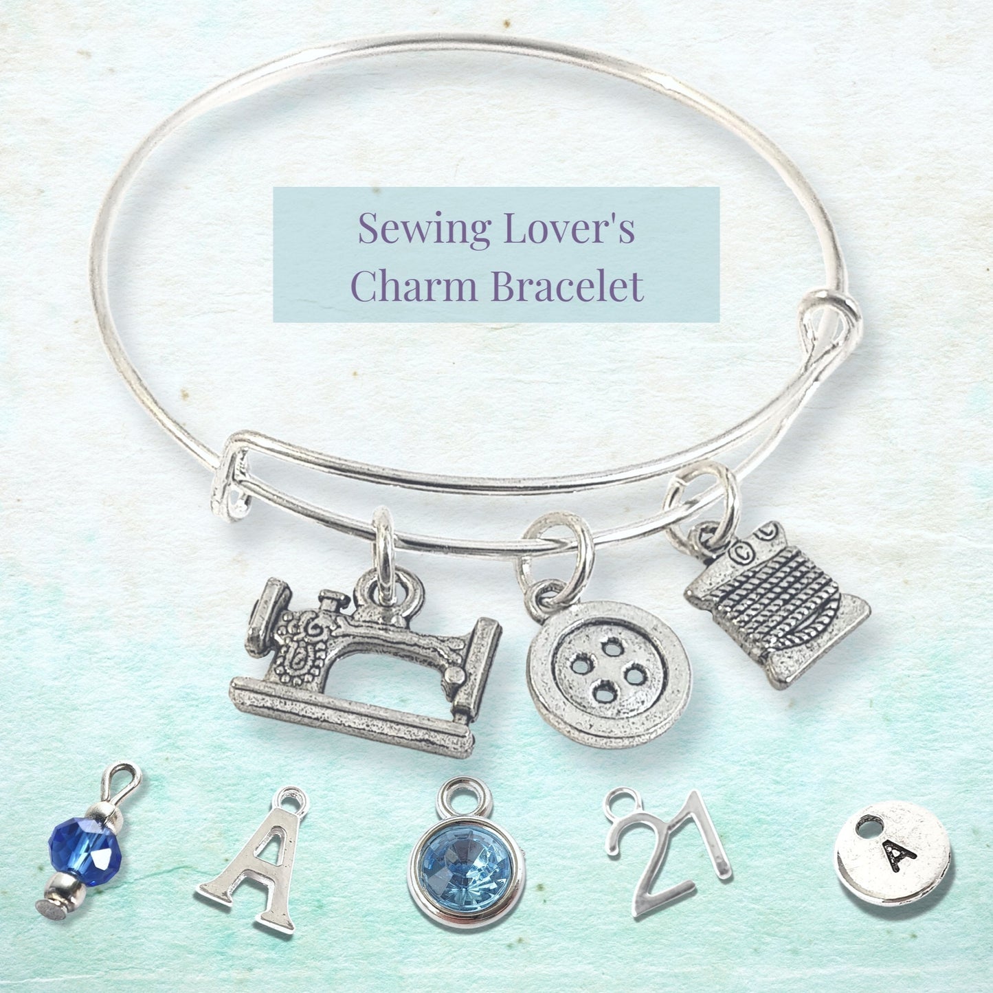 Sewing Charm Bangle - Silver