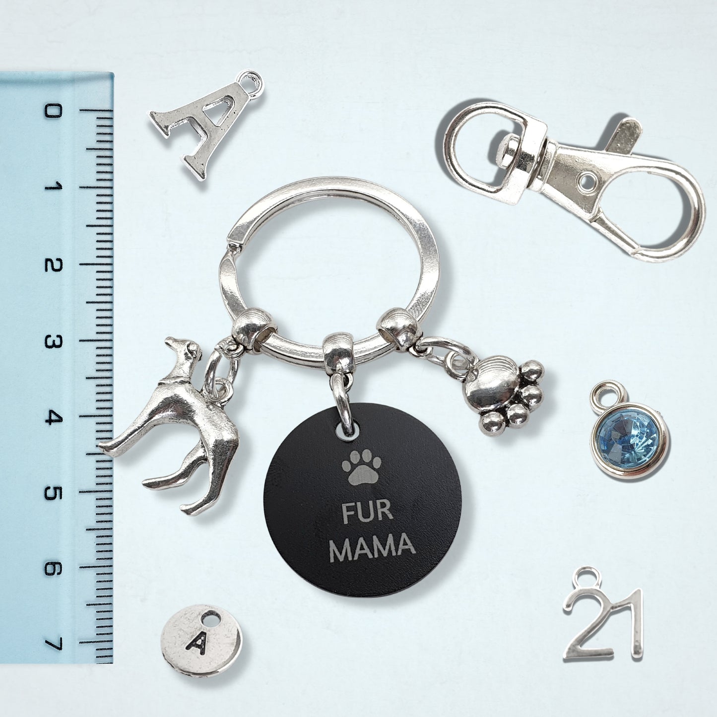 Engraved 'Fur Mama' Greyhound Keyring - Silver