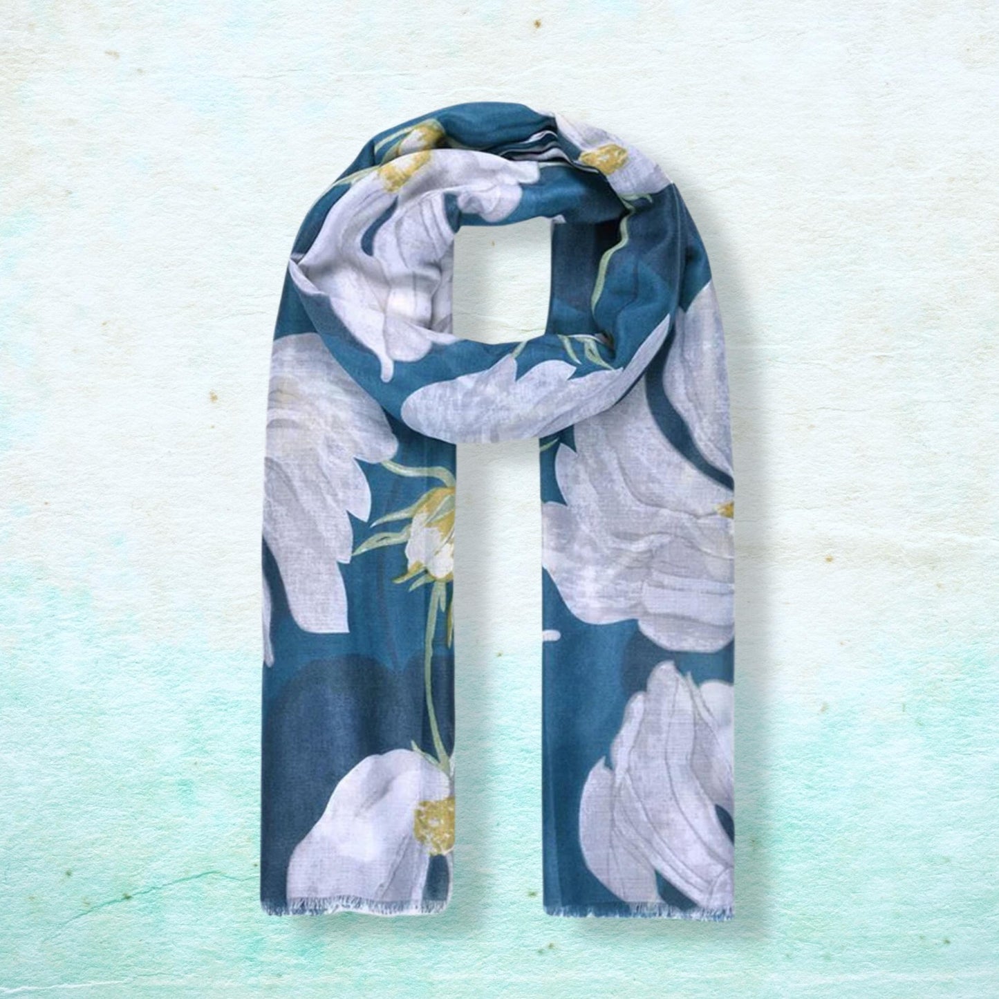 Floral scarf with white flowers on a blue background