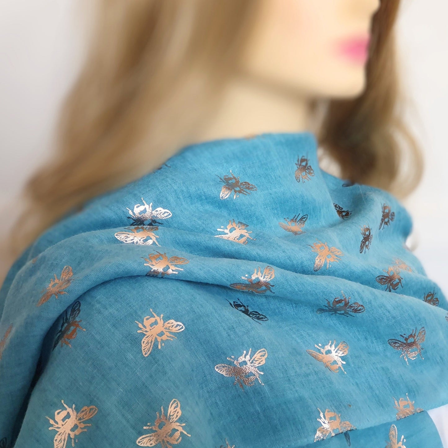 Bee Scarf - Turquoise and Rose Gold Foil