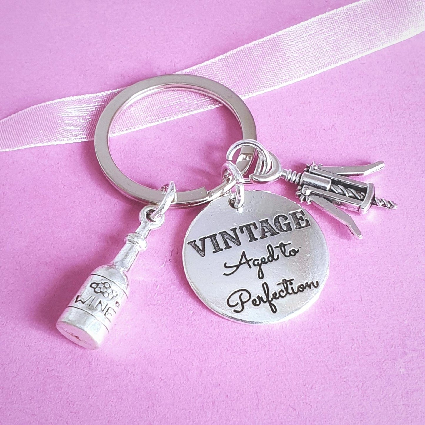 Vintage Wine Lover's Keyring - Silver