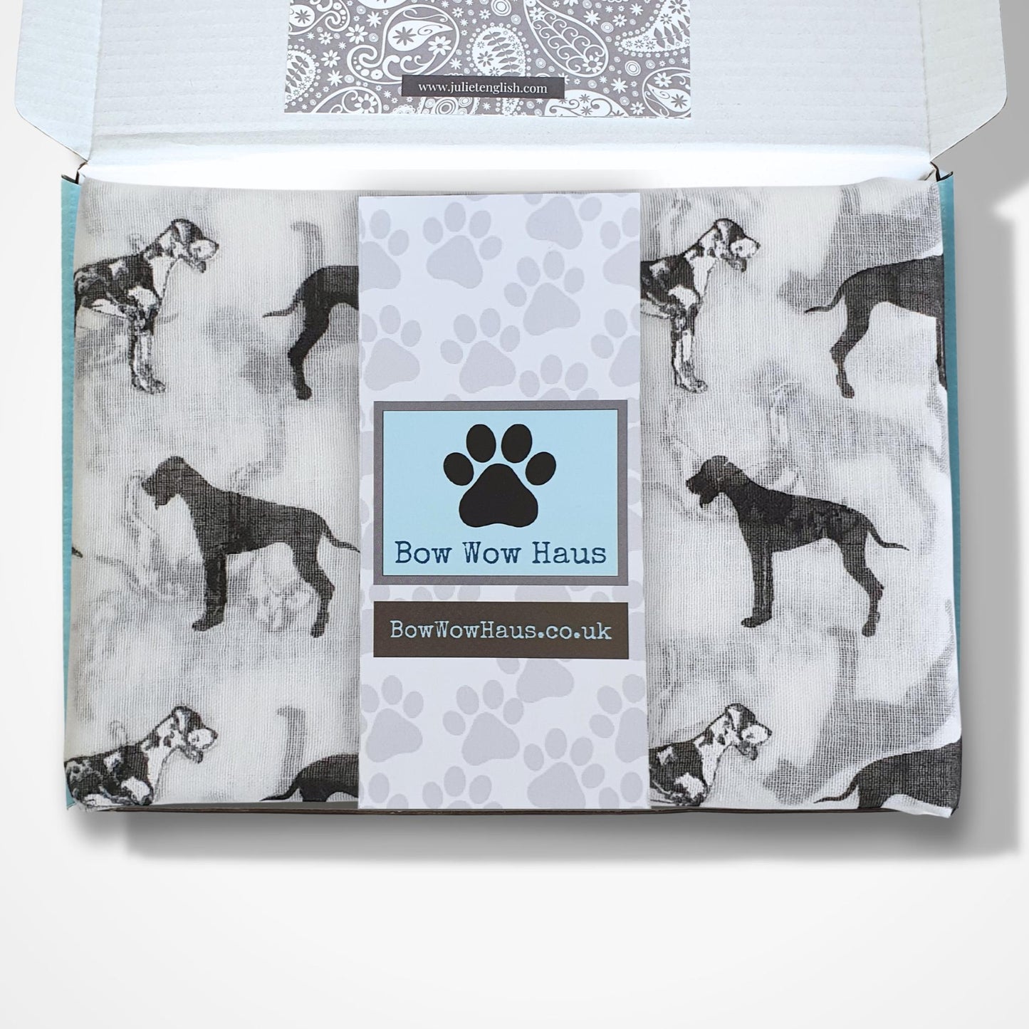 Great Dane scarf folded in box with 'Bow Wow Haus' branding on a white background