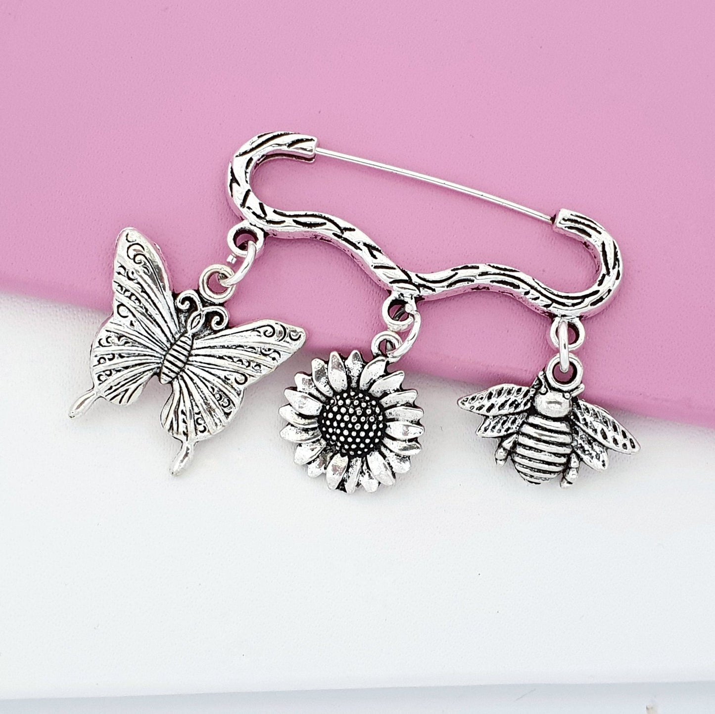 Butterfly Sunflower Bee Brooch Silver