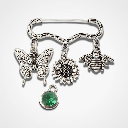 Butterfly Sunflower Bee Brooch Silver
