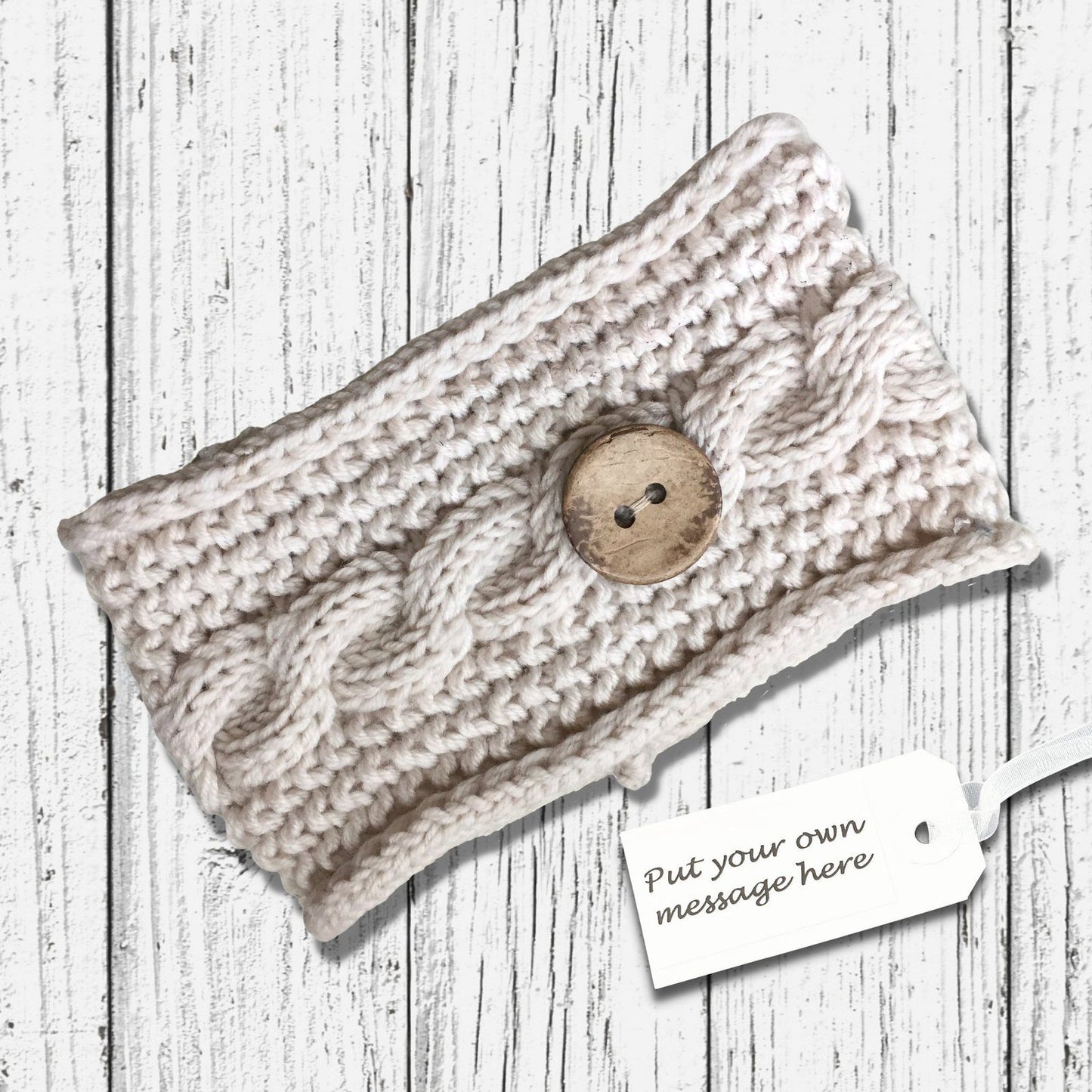 Cable Knitted Headband Wooden Button Ecru
