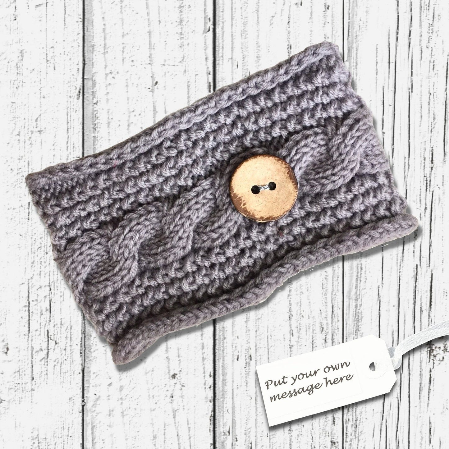 Cable Knitted Headband Wooden Button Grey
