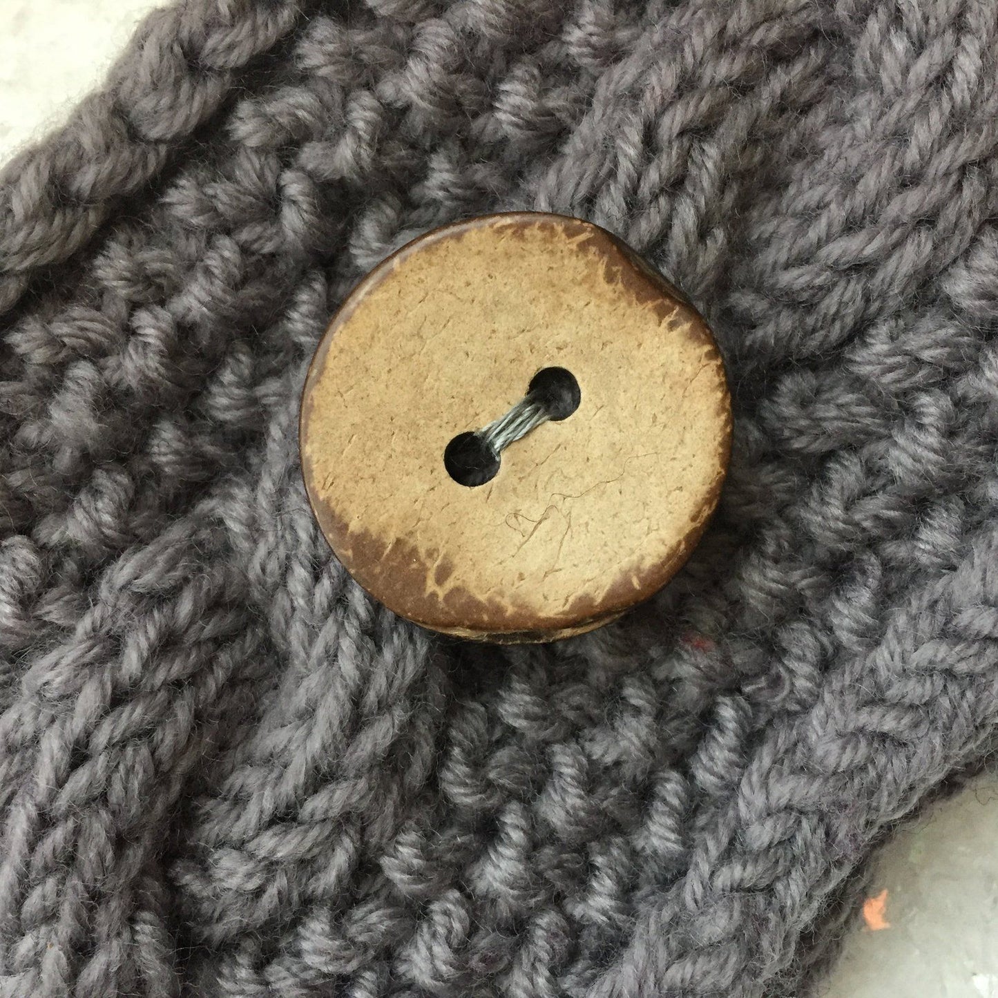 Cable Knitted Headband Wooden Button Grey