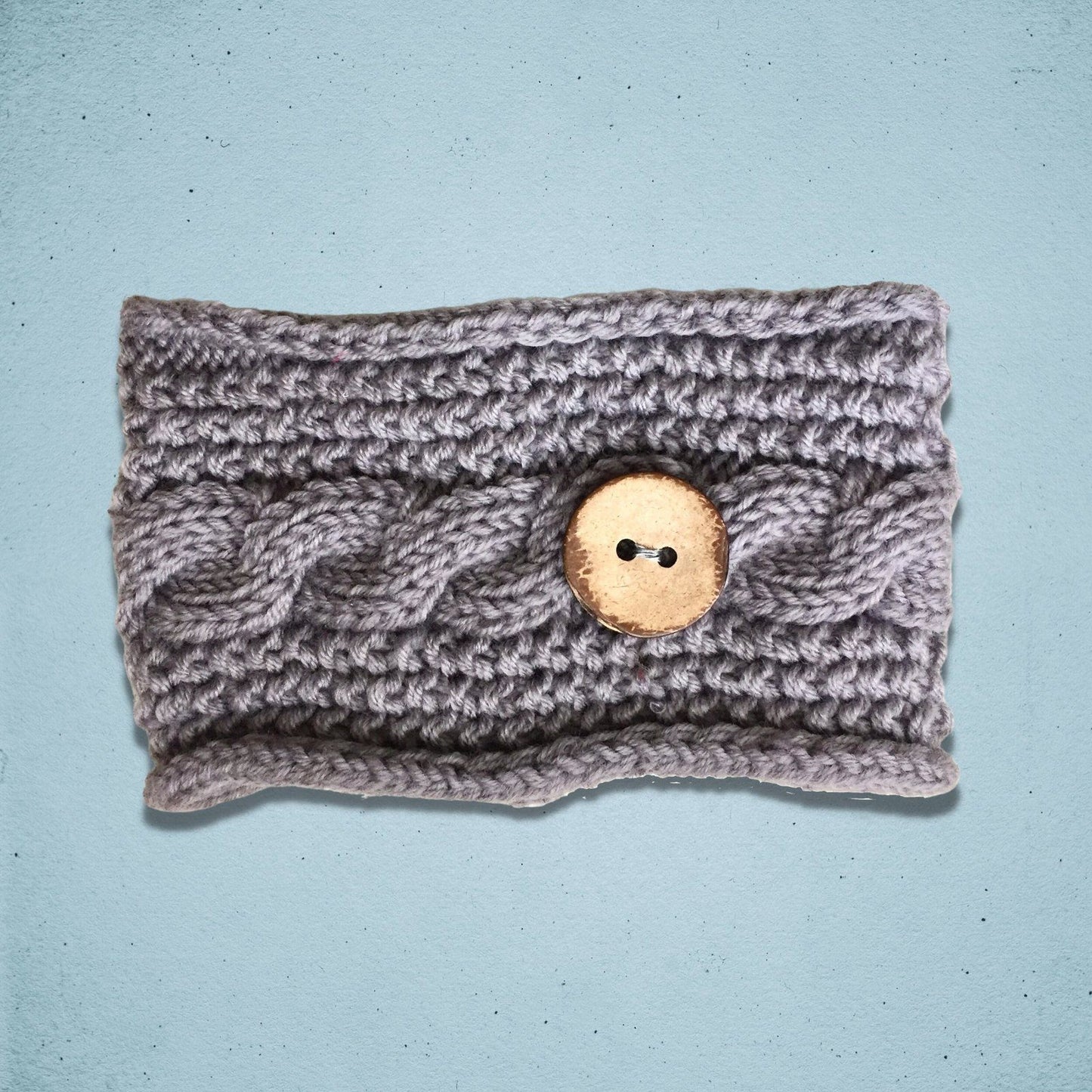 Cable Knitted Headband Wooden Button Grey